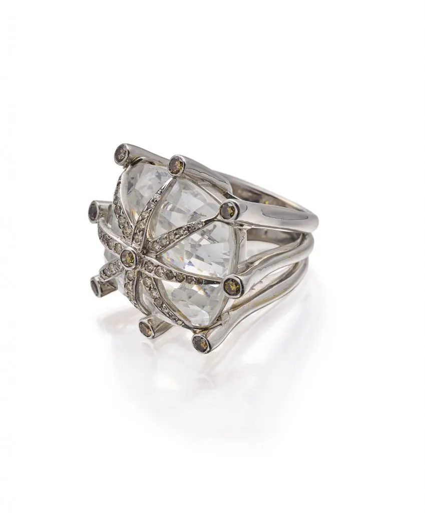 18K white gold, cubic zirconia, and diamond ring