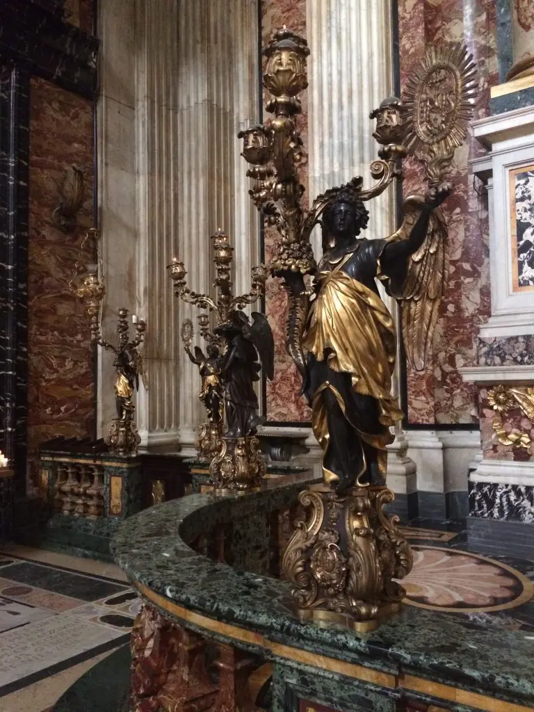 Gilded bronze statues contribute to making this one of the most Bsroque altars in Rome.