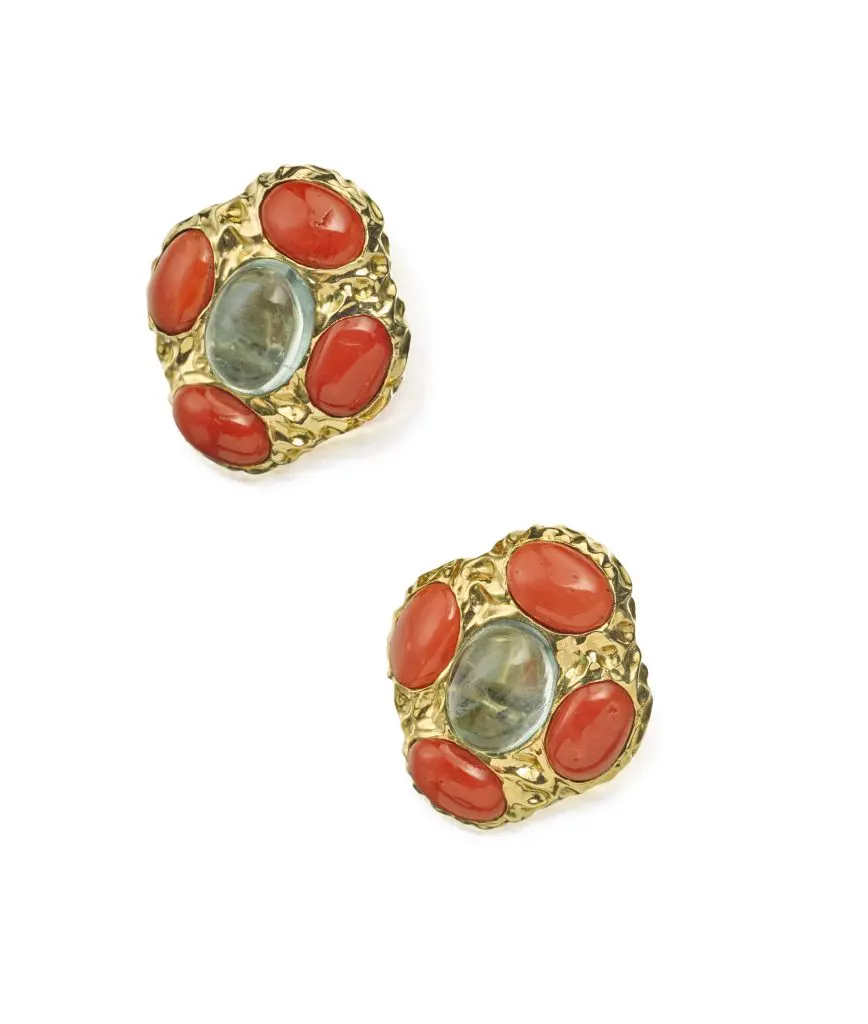 18K gold, fluorite, and coral earclips
