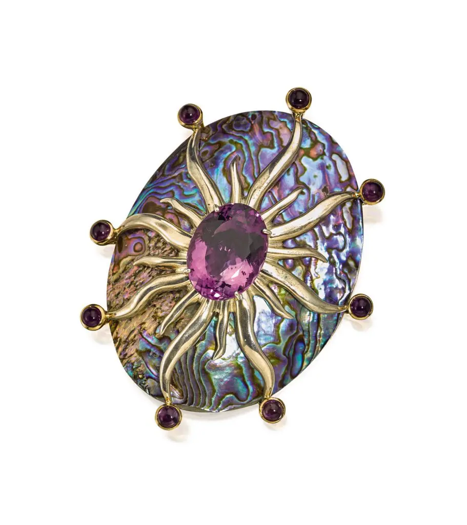 Silver, 18K gold, amethyst, and abalone brooch