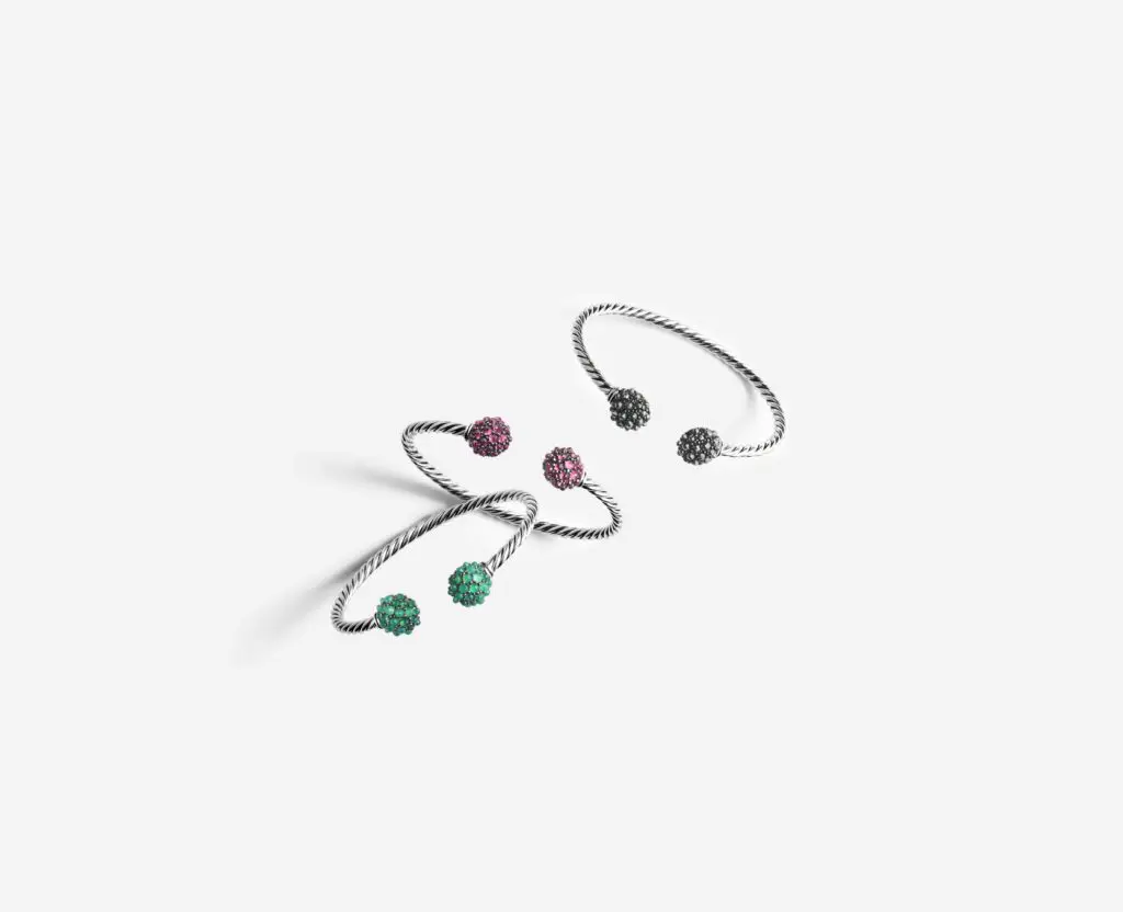 David Yurman's Osetra End Station bracelets with green onyx, rhodalite garnet, or hematite in silver $950 to $1,100, at Neiman Marcus