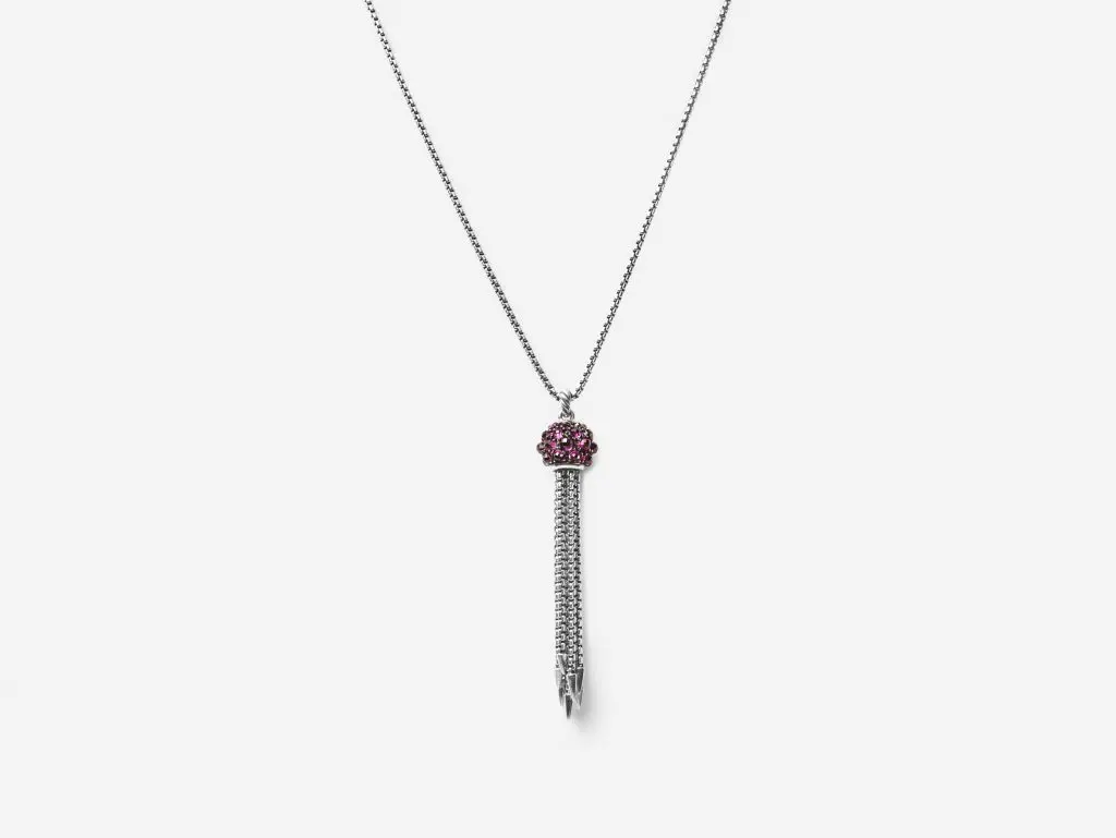 Osetra small tassel necklace with rhodalite garnet in silver $1,300, at Neiman Marcus