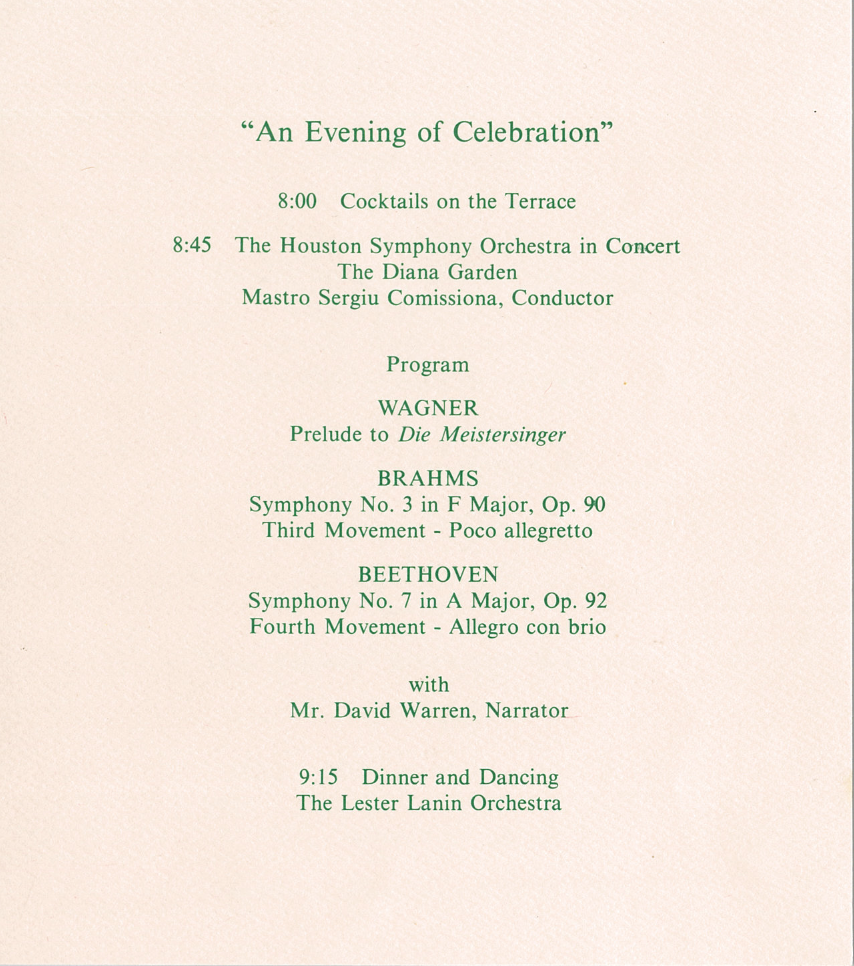 The musical narrative for Friday, May 14, 1982 that benefitted Bayou Bend and the Houston Symphony.