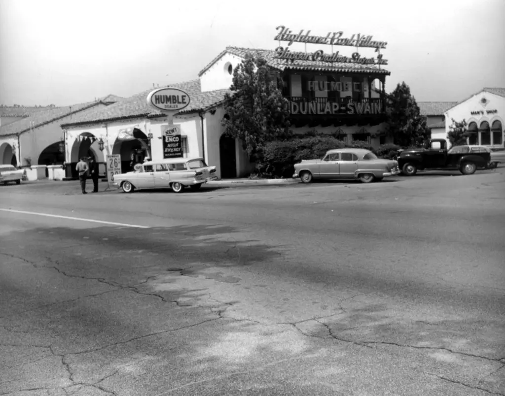 Cars and their maintenance were swank leisure pursuits in 1931, and Highland Park Village had a Humble gas station and Dunlap-Swain Tire Co., circa early-to-mid 1950s.