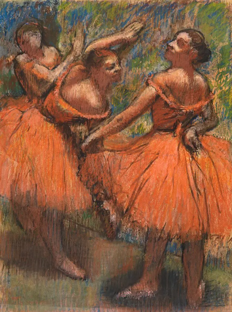 35.243

DRAWINGS
pastel
The Red Ballet Skirts
Degas, Edgar Hilaire Germain (1834 - 1919, French)
circa 1895-1900
pastel on paper
framed: 950 mm x 765 mm x 50 mm; unframed: 812 mm x 622 mm

Pastel entitled 'Les Jupes Rouges', depicting three ballet dancers in red skirts - in posing practice, by Hilaire Germain Edgar Degas