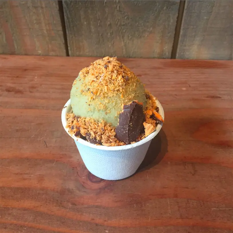 Houston's first vegan ice cream shop at Juice Girl features flavors including Green apple'ade topped with faux butterfingers. 
