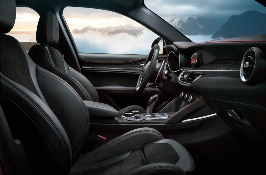 Inside the Stelvio — high performance leather and Alcantara front seats