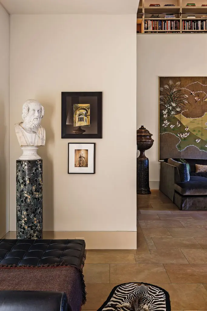 Mies van der Rohe for Knoll daybed. Hermès throw. Antique marble pedestal and bust from Jamb, London. Lucian Freud’s Study of the Tate Arches, undated. Herb Ritts’ Madonna as Marie Antoinette.