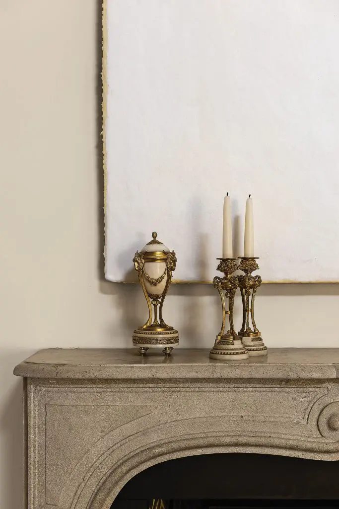 Antique marble and bronze doré decorative objects and candlesticks purchased at auction in Paris. Detail of Joseph Cohen’s Proposition 6, undated, De Buck Gallery, NY.