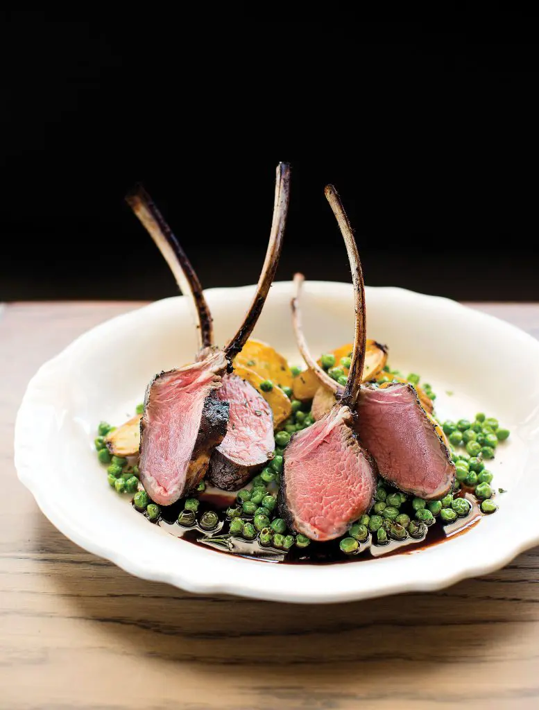 For dinner, grab the lamb with peas and fingerling potatoes. 