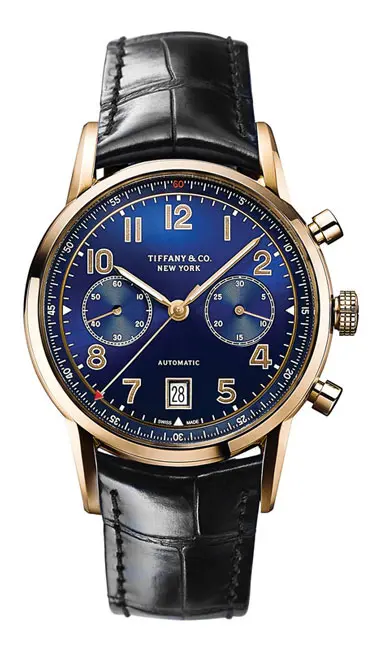 Tiffany & Co. CT60 in rose gold, $15,000, at <a href="http://www.tiffany.com/watches/all-watches/tiffany-ct60-chronograph-42-mm-36342064?omcid=PPC_PLA+-+CT60+-+WAT&utm_source=google&utm_term=&utm_campaign=PLA+-+CT60+-+WAT&utm_medium=cpc&utm_content=Vsfw60UD|pcrid|85532389214|pkw||pmt||pdv|c|&mkwid=sVsfw60UD|pcrid|85532389214|pkw||pmt||pdv|c|mtid|744dpc50313|&gclid=CjwKEAiAyanCBRDkiO6M_rDroH0SJAAfZ4KLHze-SxqQEXPfILvM2RESOOICHypJ36h7H-41IuqziBoCUu7w_wcB">Tiffany & Co</a>. 