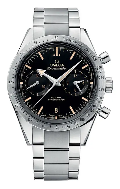 Omega Speedmaster ’57 co-axial chronograph, $9,000, at the Omega boutique,
Bachendorf’s, Lewis Jewelers, the
Tourbillon boutique.