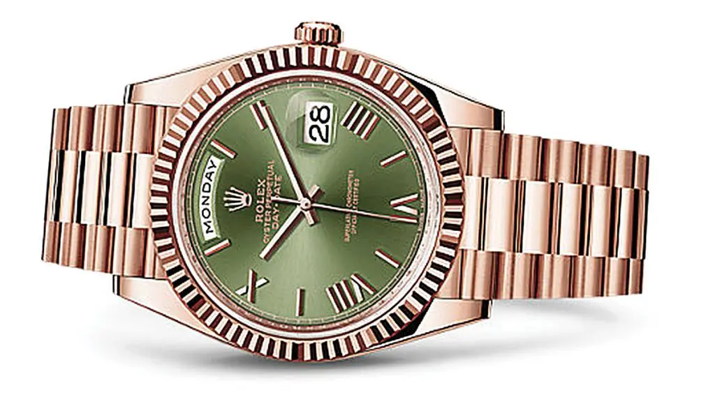 Rolex Oyster Perpetual Day-Date 40 in Everose gold, $37,550, at the Rolex boutique, Bachendorf’s, de Boulle, Eiseman Jewels, Ben Bridge, Deutsch & Deutsch, I W Marks, Lewis Jewelers, Thomas Markle Jewelers.