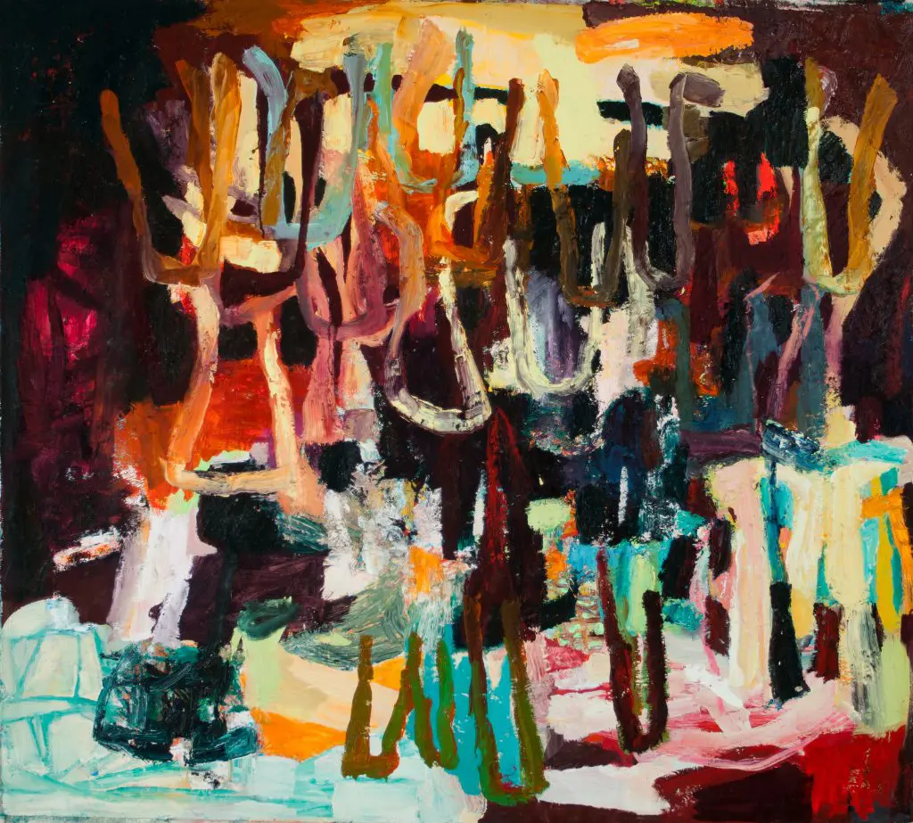 Galen Cheney's "The Night They Dipped Their Toes In," an oil on canvas from 2014. The fiery abstractions of this mid-career Vermont painter have caught the art adviser's attention and are among her stable. 
