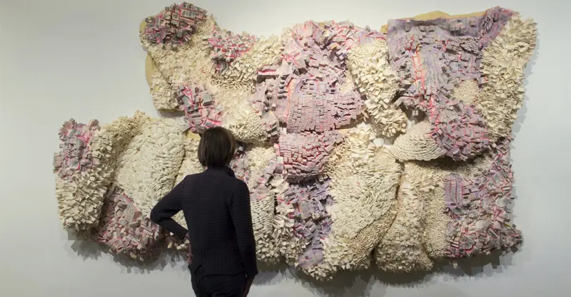 Margery Amdur's "Amass #11," 2014. The artist is a wizard with unexpected materials — cosmetic sponges and pigment. She's also among the most promising in Herold's lineup, recently completing a commission for the U.S. Art in Embassies program. 