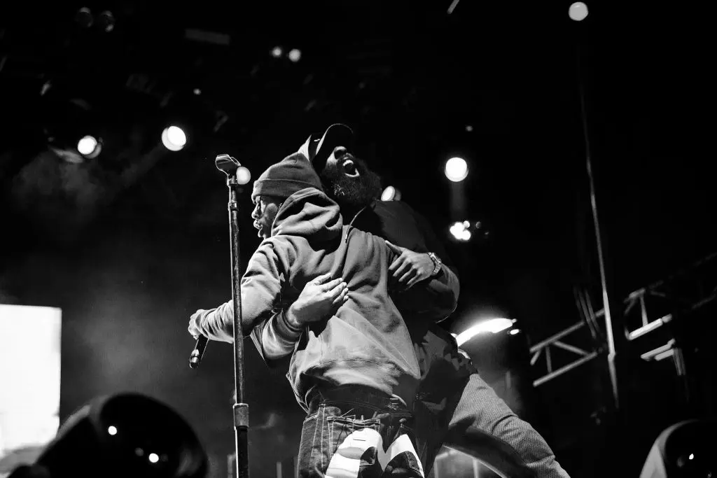 Travis Scott sharing a moment with James Harden at 2016's Day For Night festival. (Photo Greg Noire)