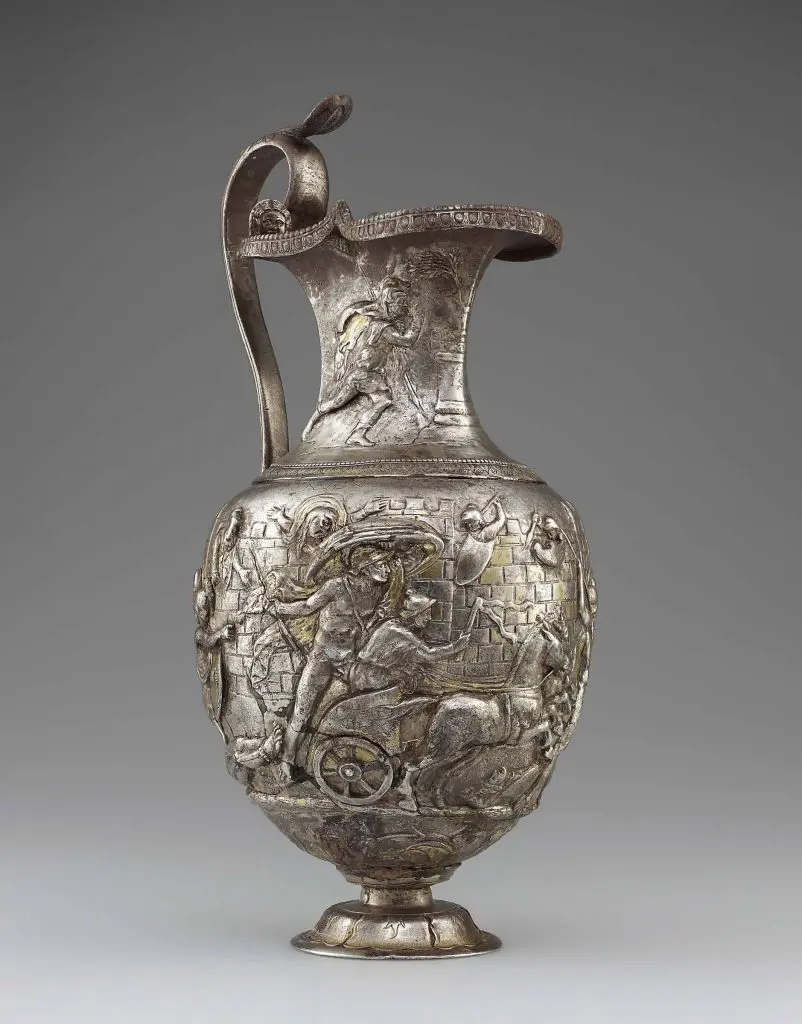 Roman Pitcher with Scene from the Trojan War (one of a pair), “Achilles Dragging Hector before the Walls of Troy,” AD 1 – 100, at Museum of Fine Arts, Houston