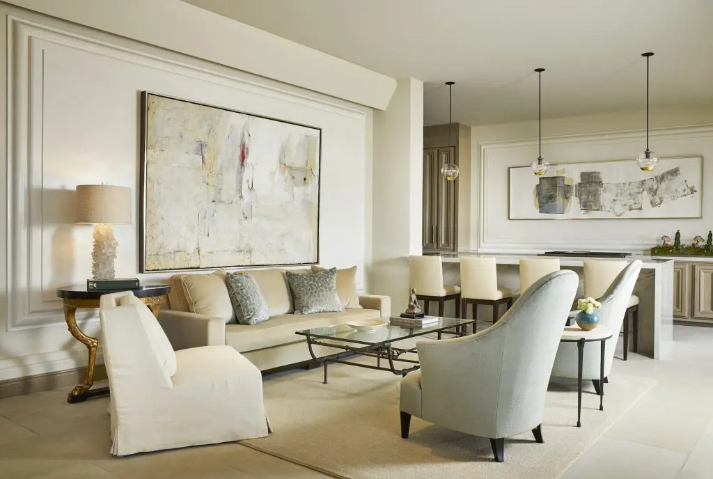 Living room by Sees Design. Christian Liaigre sofa and
slipcovered chair. Donghia chairs. Corbin bronze coffee table from
David Sutherland Showroom.