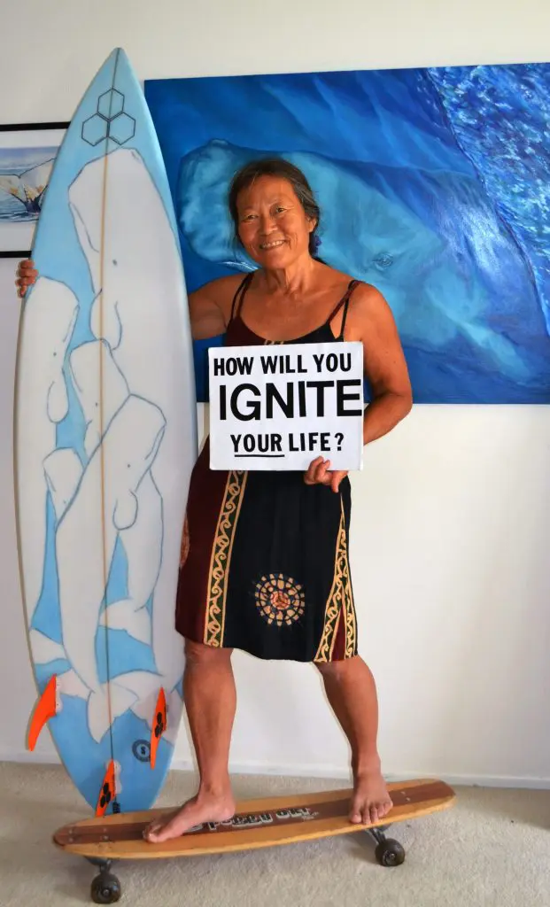 “Dogtown and Z Boys” skateboarder/surfer/ocean activist Peggy Oki in her home near the California beach. 