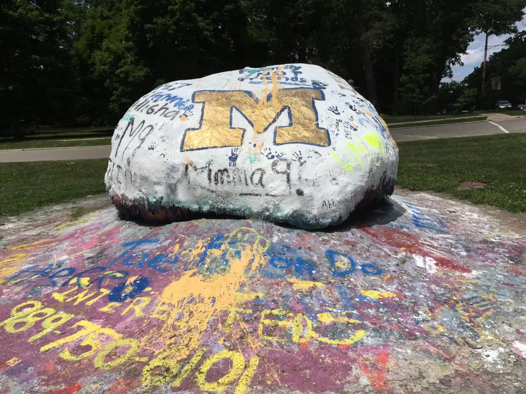 “The Rock” of the University of Michigan, Ann Arbor, which students paint. It was placed at that spot in 1932. 