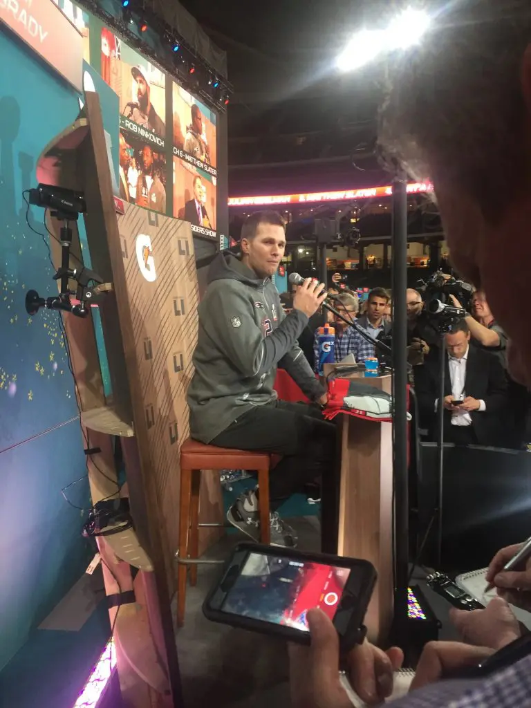 Tom Brady drew by far the largest media crowd at Super Bowl Opening Night. Back when they could be done in person. (Photo by Chris Baldwin.)