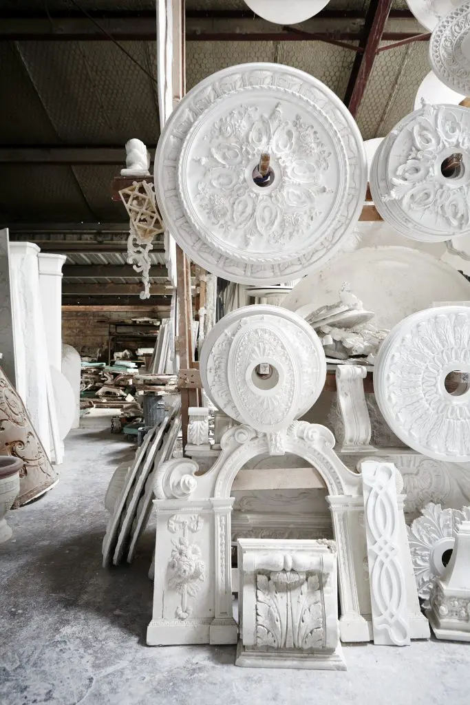 Ceiling medallions, cornices, and cobels inside Casci Plaster's warehouse
