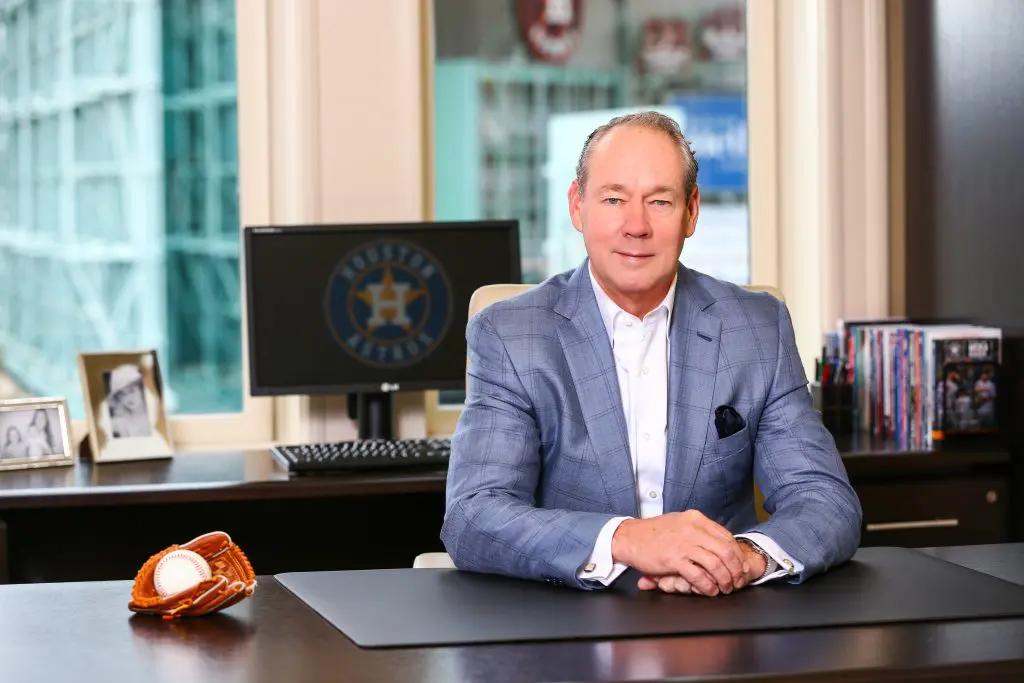 Houston Astros owner Jim Crane keeps a close eye on things in his office at Minute Maid Park. (Photo by Alex Bierens de Haan.)
