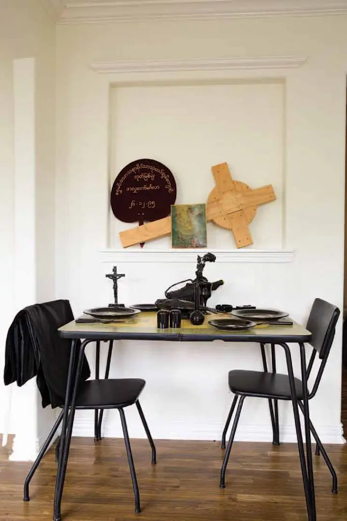 A tableau, "The Blind Leading the Blind into the Ditch of Death," circa 1990s, addresses his concern about the mortality of America's meat-driven dinner table. 