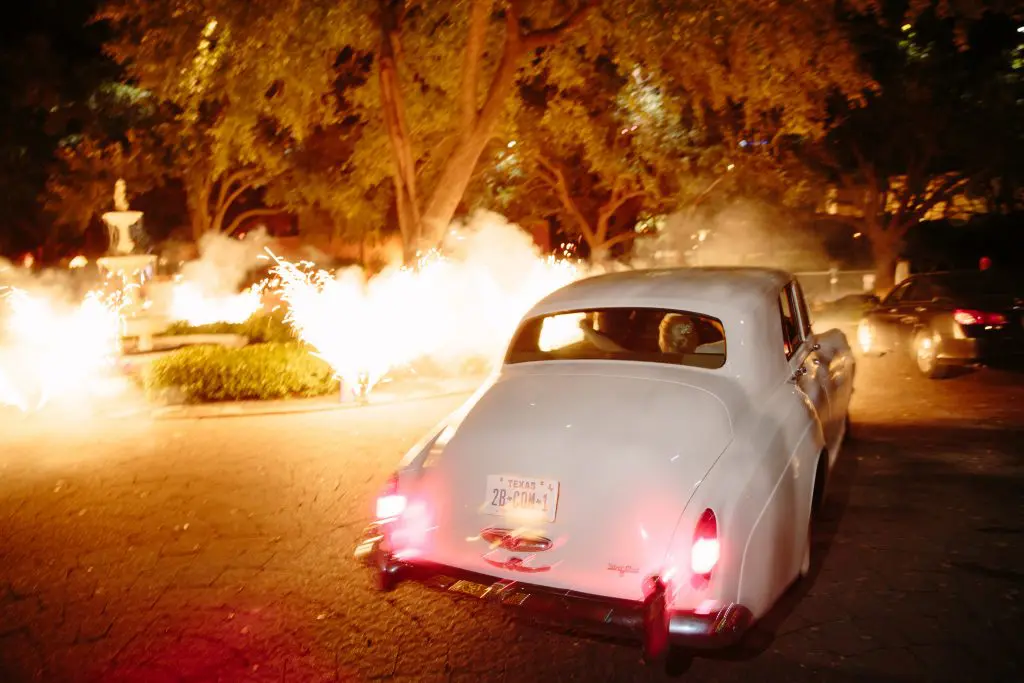 The getaway: a Rolls-Royce Silver Cloud III from Imperial Limousine and fireworks Pyrotex Inc. 