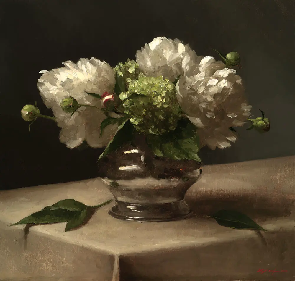 Sarah Lamb's "Peonies and Hydrangeas," 2012, at Meredith Long & Company. Lamb was one of the contemporary realist painters the gallerist discovered and exhibited. 