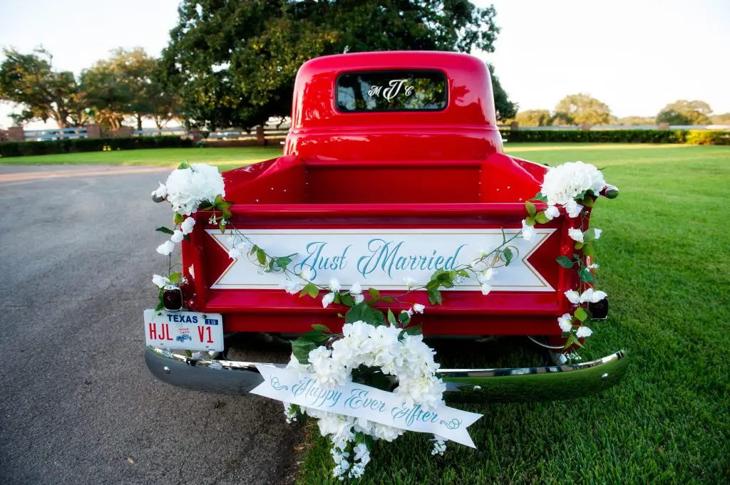 A vintage Chevy truck transported the couple from ceremony to reception.