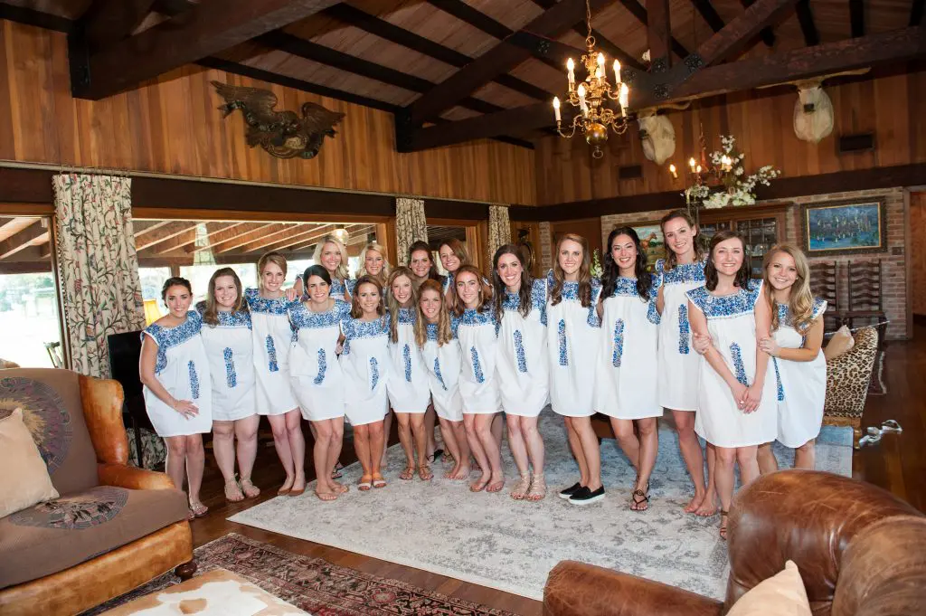 The bridal party models dresses from Mi Golondrina, Dallas, special gifts from the bride.