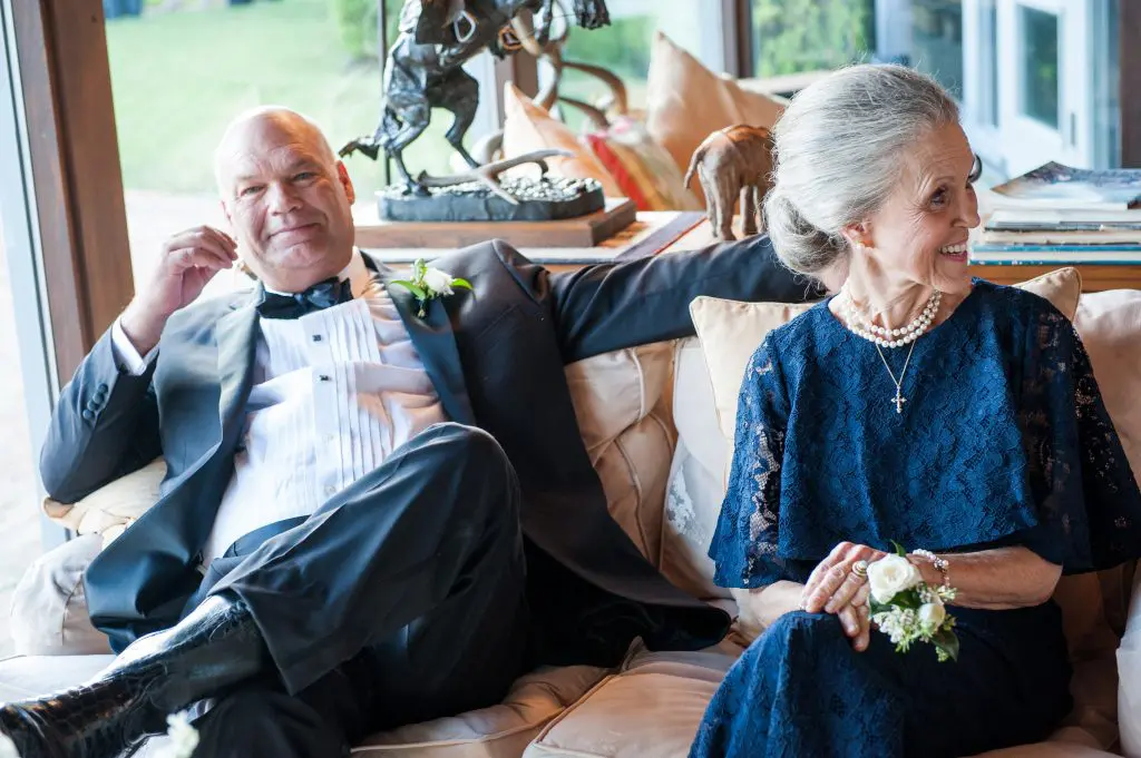Relaxing at the ranch: the bride's dad, Mike Rutherford Jr. with his mother, Sally Rutherford, the bride's paternal grandmother. 