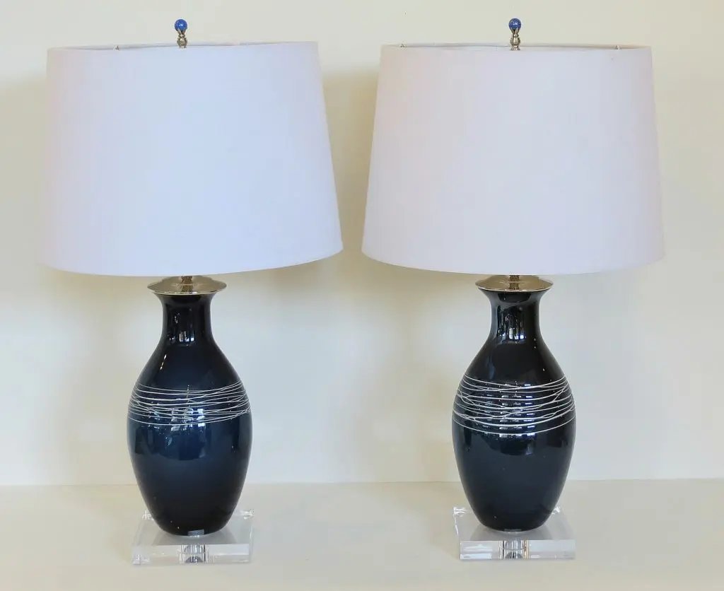 C. Damien Fox Prussian Blue Art Glass Lamps