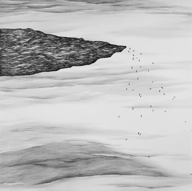 Robyn O’Neil's "The Edge of the World," 2008, evidences a dystopian view of reality.  