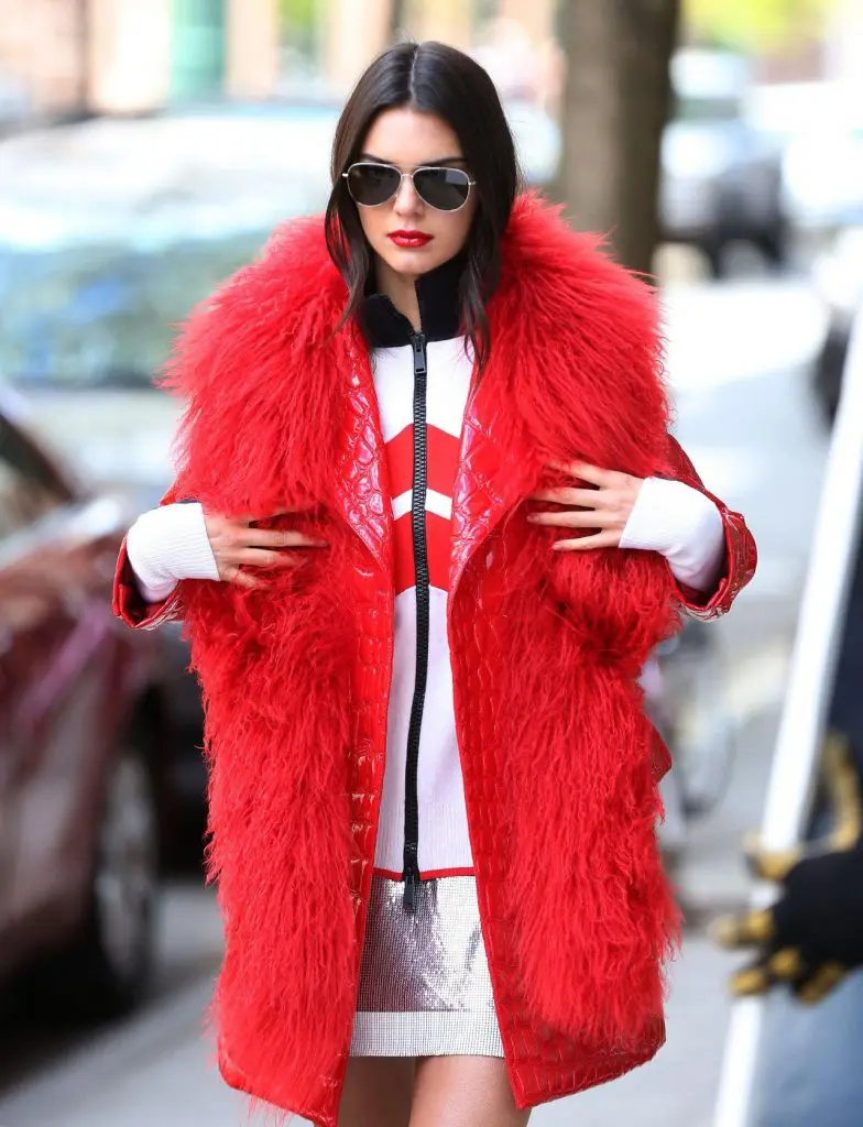 Kendall Jenner keeps it bold in a red faux fur coat.