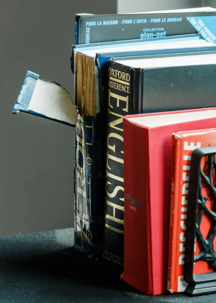 Desktop reference books include a battered edition of Le Robert & Collins French-English dictionary.