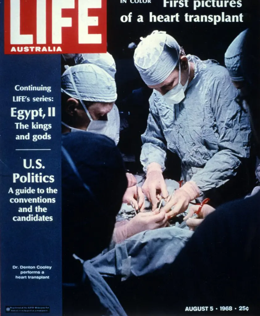 An August 1968 cover of Life Magazine featured Dr. Cooley performing a heart transplant.