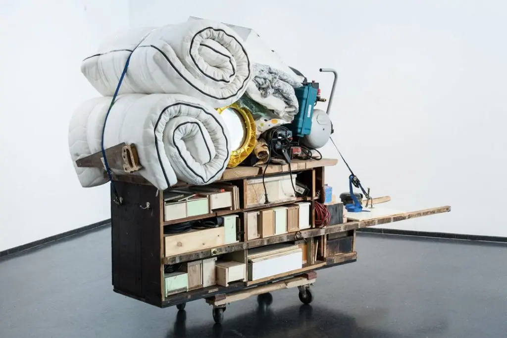 Theaster Gates' "Migration Rickshaw for Sleeping, Playing, and Building," 2013, installation view at Museum of Contemporary Art, Chicago (Photo by Sara Pooley)
