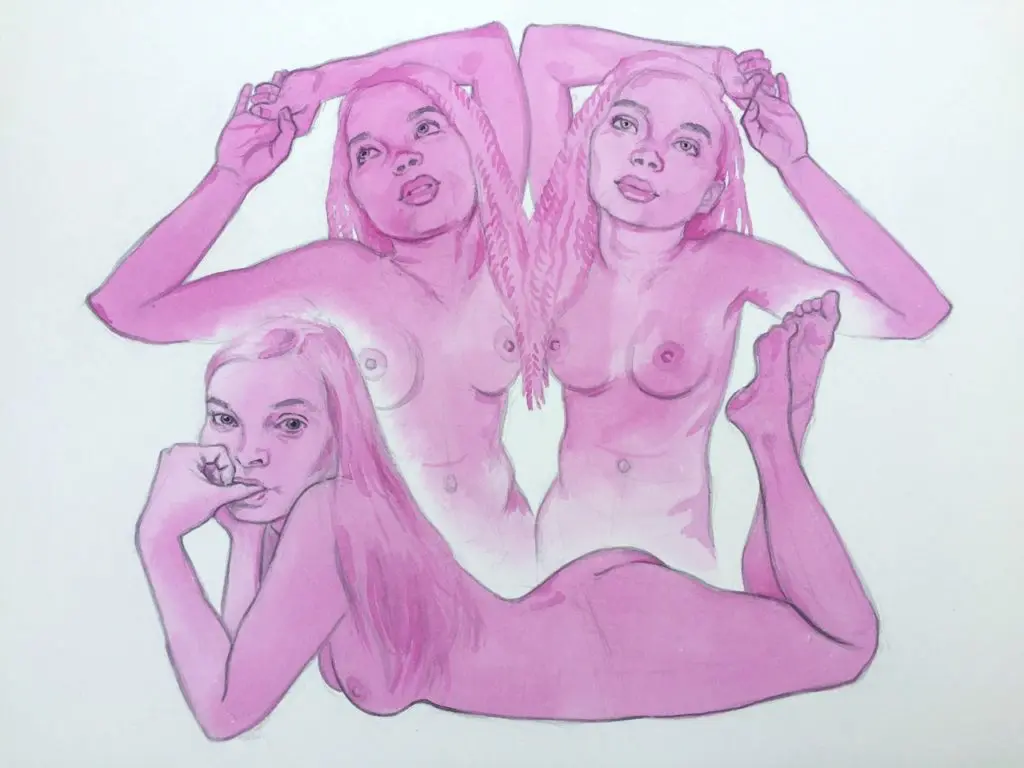 To place my appreciation of burlesque into perspective… an example of my own work with the nude, “Double Kai with Jessie,” ink on paper, 2017.