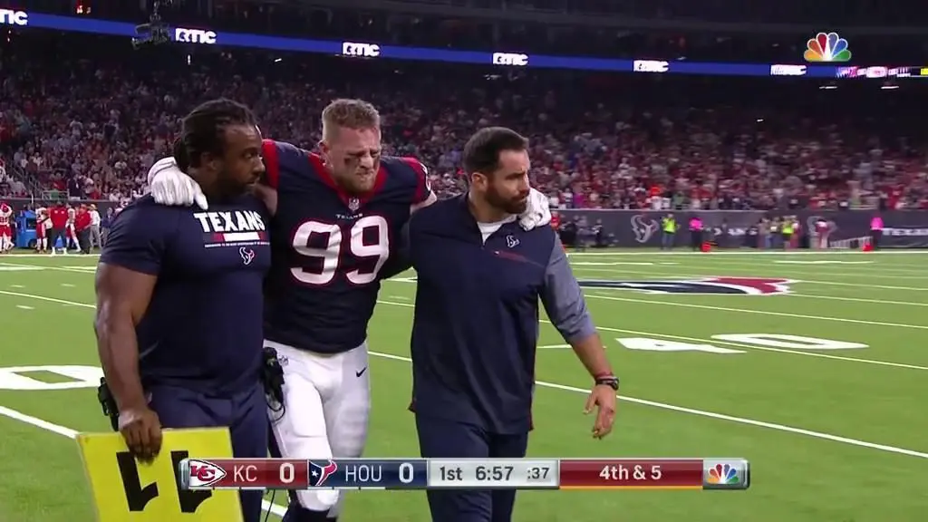 J.J. Watt went down with a knee injury and couldn't even walk off the field on his own.