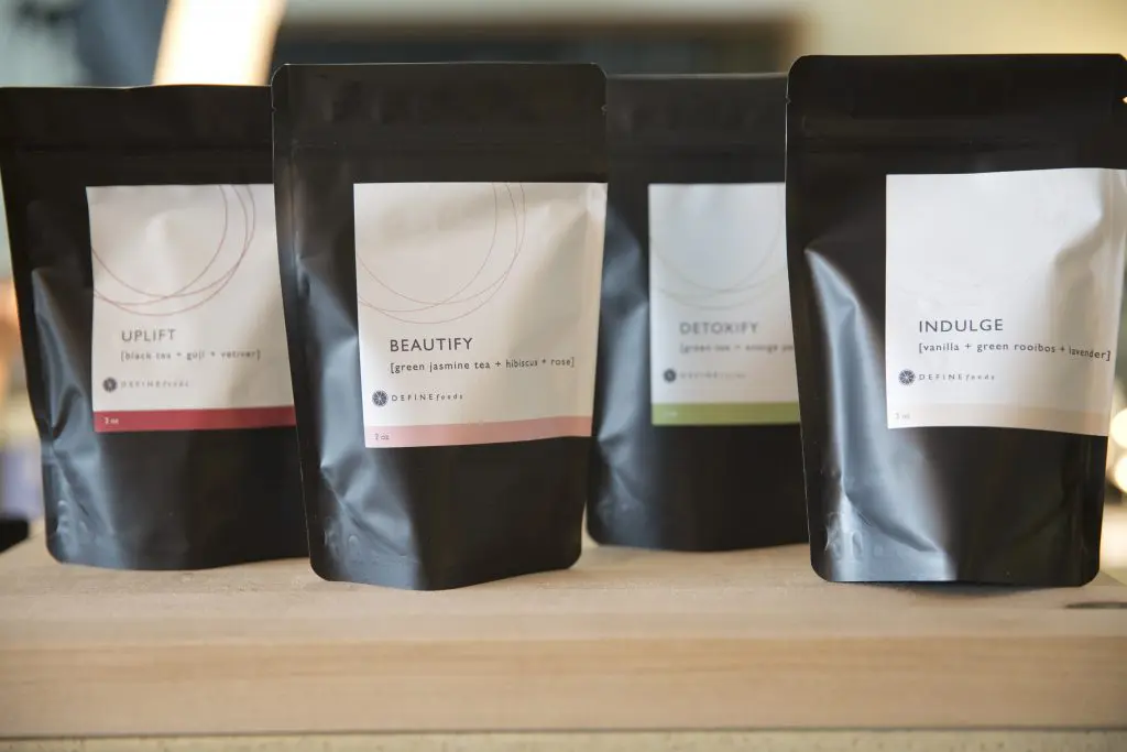 Custom Define Foods tea blends available for purchase at the Define Foods Tea + Elixir Bar.