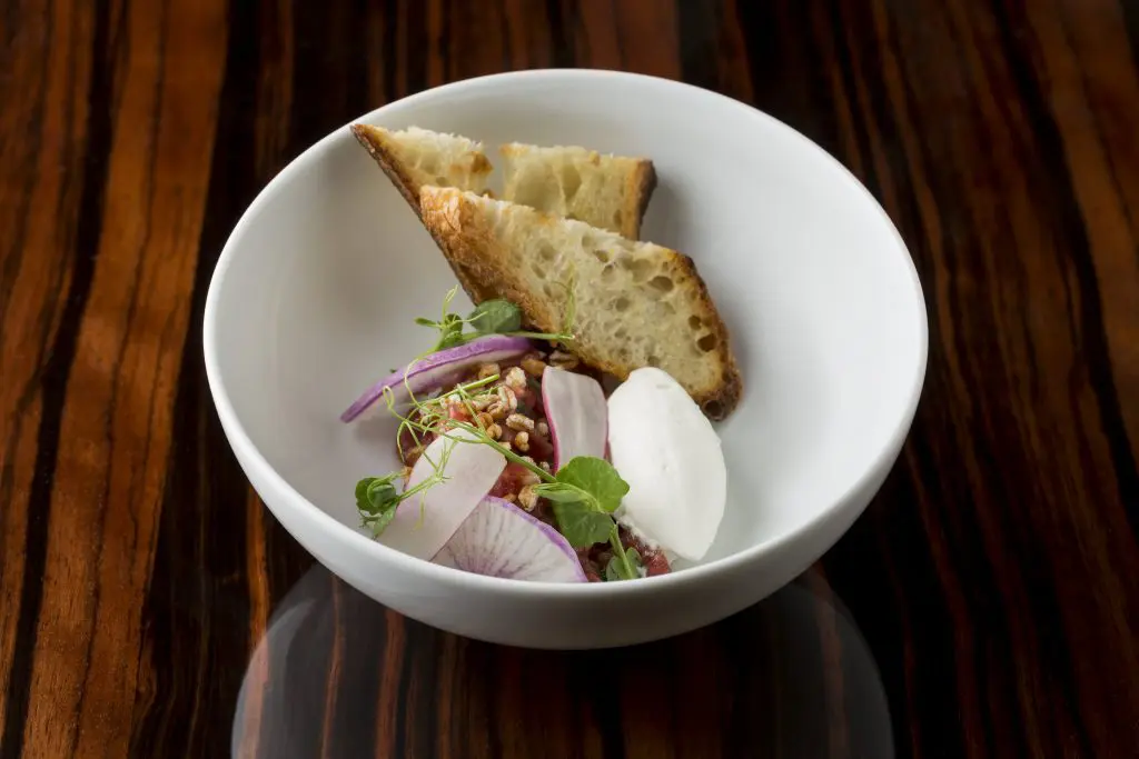 Steak Tartare appetizer (smoked cream, radish, crispy farro)