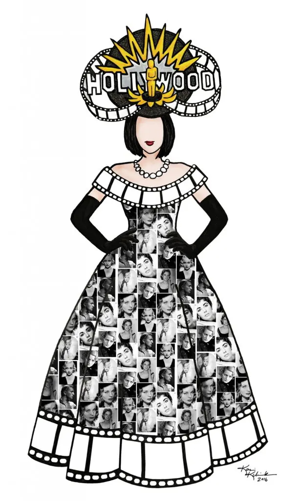A Kasi Kubiak costume sketch for Marita Fairbanks' Cineball ensemble, 2017