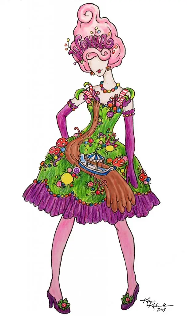 A Kasi Kubiak costume sketch for Marita Fairbanks' statement dress worn at Gum Ball, 2015