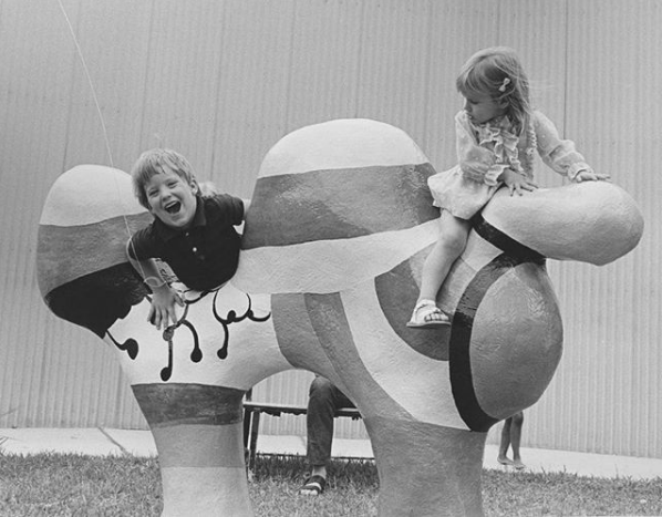 Via @wfmiddletonauthor: "For Children"(May 22 to August 29, 1971), was a triumphant exhibition curated by Dominique de Menil at Rice University. Over 40,000 kids attended the summer show, scampering over sculptures, such as this dragon by Niki de Saint Phalle, climbing ladders to peer into peepholes and finding their way through mazes. "Children hate to be spoon fed, once they can hold the spoon," Dominique explained. "They like to help themselves, to discover, to pick — effort is an added pleasure." (Courtesy of Menil Archives, The Menil Collection, Houston)