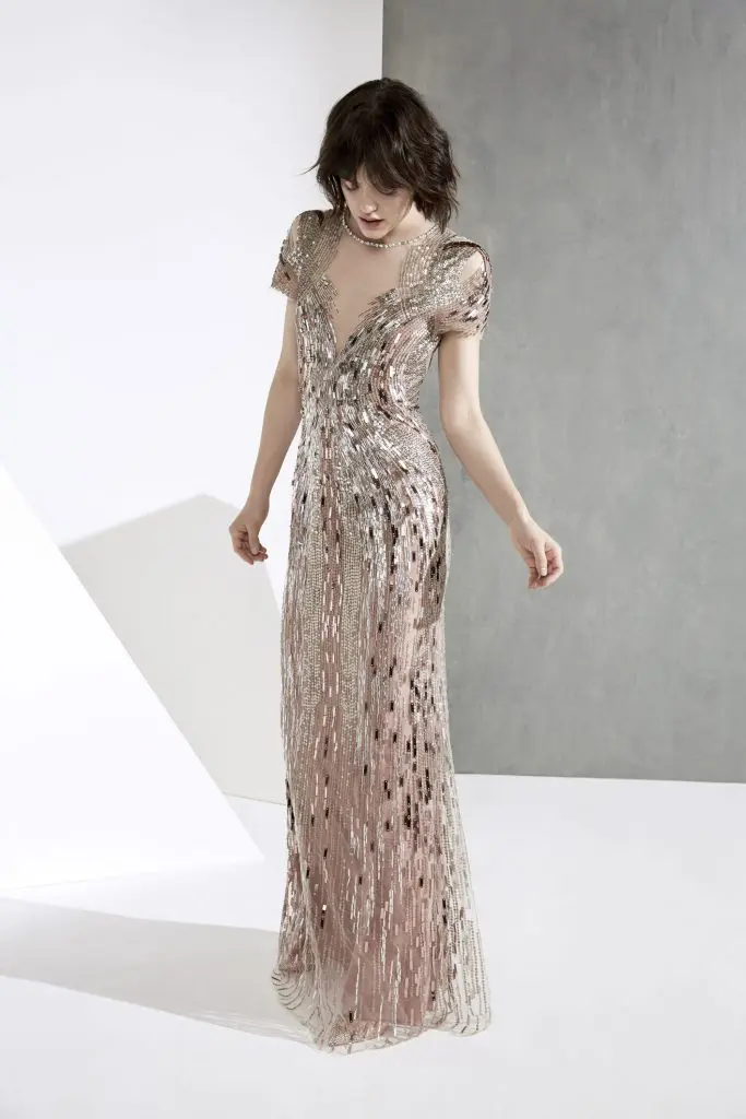 Jenny Packham rose pink and copper sequin gown. 