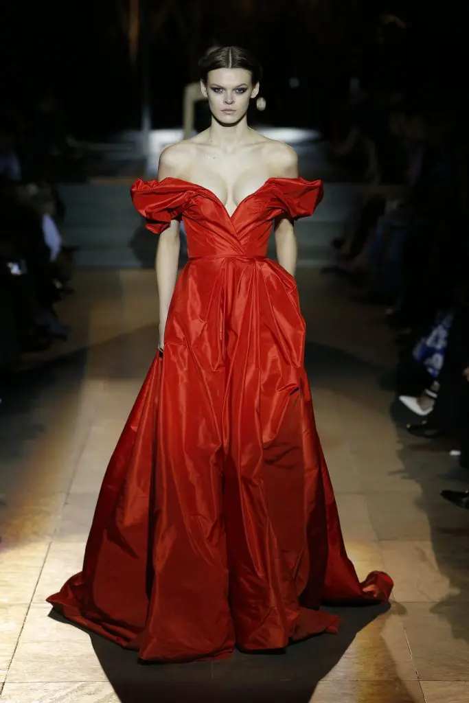 Carolina Herrera strapless red gown.