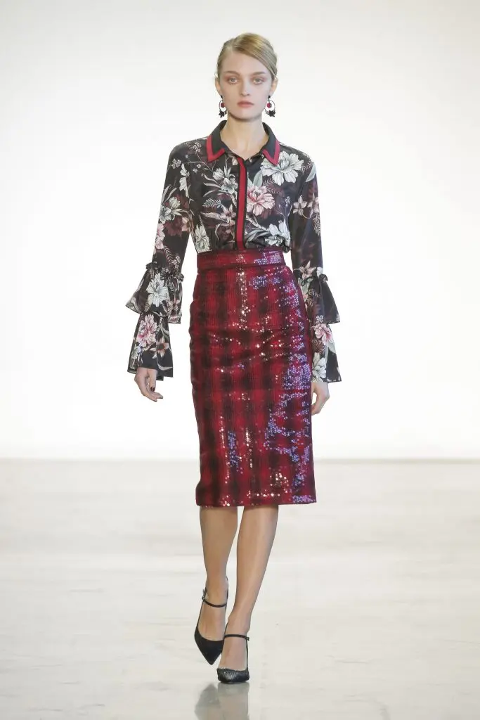 Badgley Mischka ruby/ebony sequin wool plaid pencil skirt and floral print blouse.