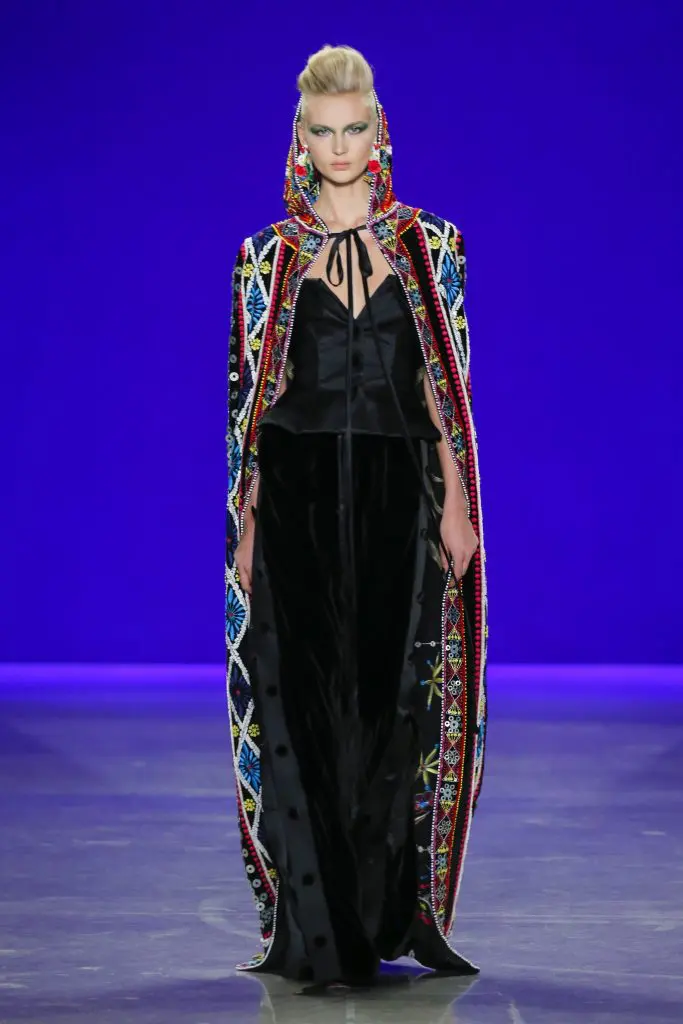 Naeem Khan sequin and thread embroidered cape with satin bustier and velvet tear away pant (front view).
